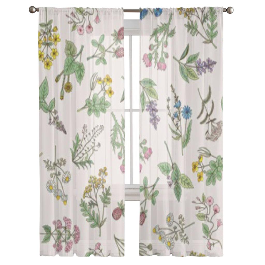 Verschiedene handgezeichnete Kräuter und Blumen auf zarten rosa Chiffon-Transparentgardinen Wohnzimmer Schlafzimmer Fenster Voiles Tüllvorhang