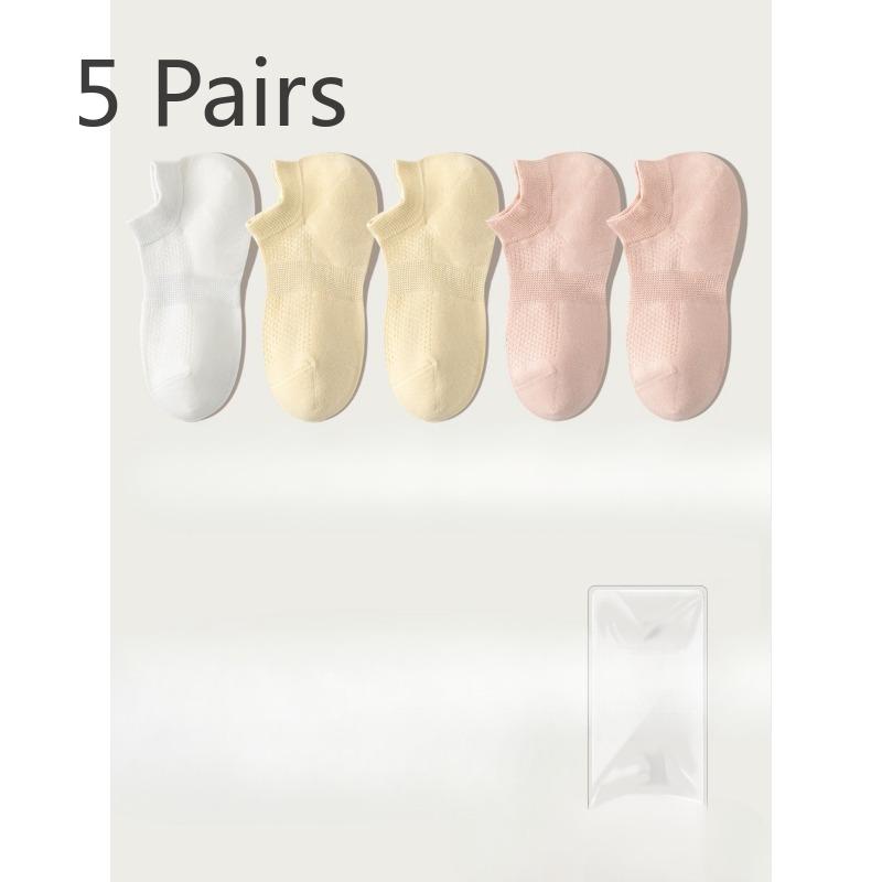 5 Pairs of Women's Summer Thin Style Versatile Solid Color Mesh Breathable 7A Antibacterial Deodorant Boat Socks