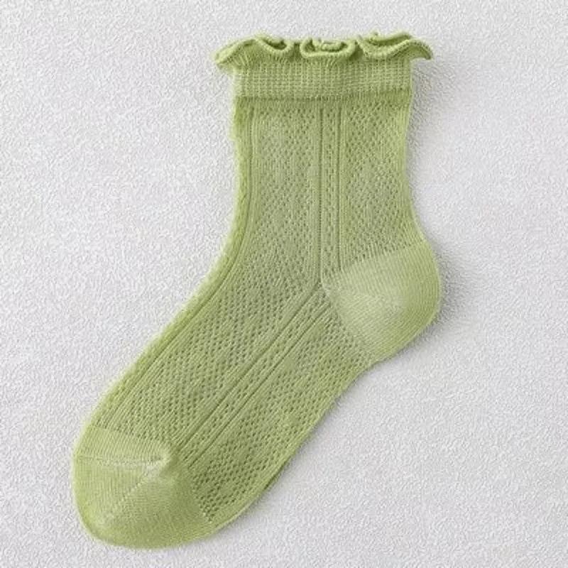 Spring and Summer Girls New Thin Breathable Comfortable Cotton Mesh Solid Lace Fashion Wooden Ear Edge Princess Socks