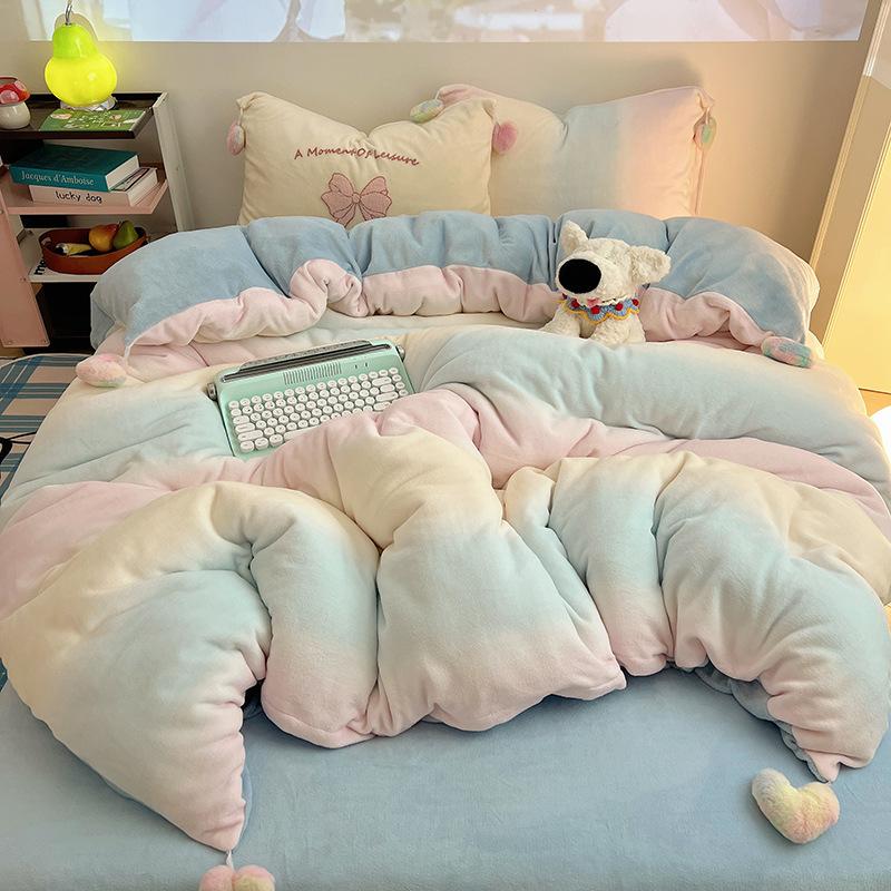 Girl Sweetheart Bow Embroidery Towel Embroidery Printing Thickened Milk Fleece Four-Piece Set