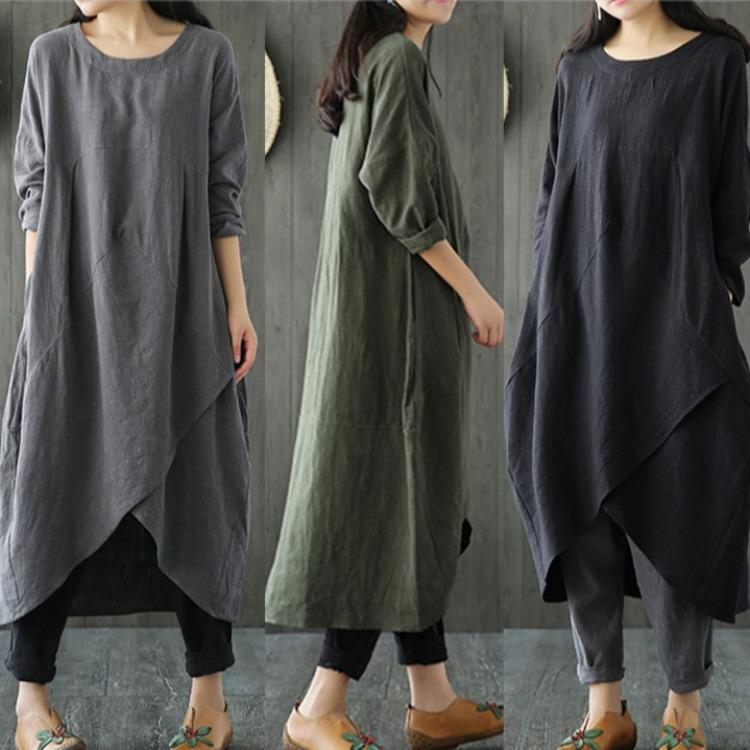 Übergröße Frühling Ethnisch Stil Raglanärmel Baumwolle Leinen Kleid Locker Schlank Eleganter Stil Bequem Leicht Hohe Wiedererkennung