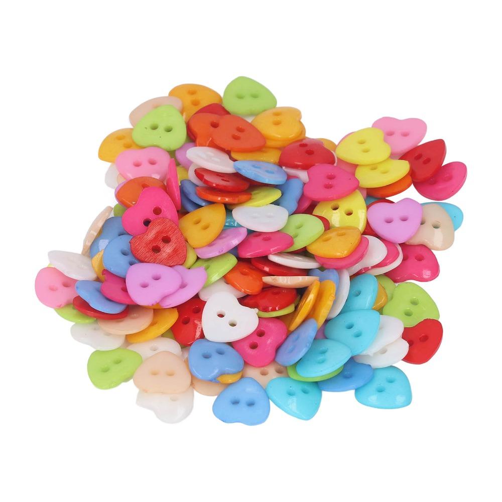 200pcs Multicolor Heart Shaped Buttons 2 Holes Resin Heart Buttons Decorative Buttons  For Sewing
