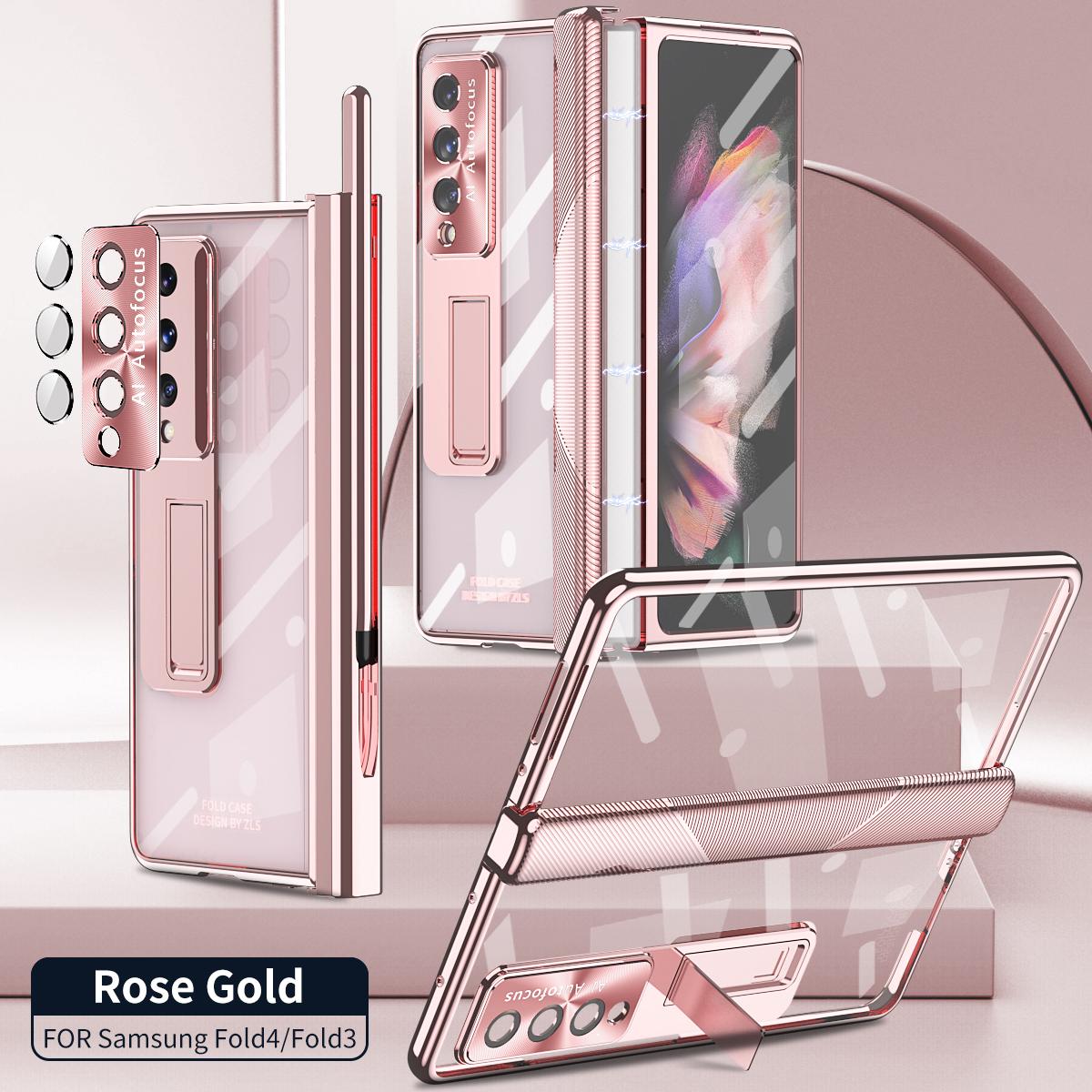 

Для Samsung Galaxy Z Fold 5 чехол с шарнирным покрытием прозрачный магнитный чехол Fold 4 3 с держателем S Pen подставка 360 полная защитная крышка For Galaxy Z Fold 5 очистить розовый