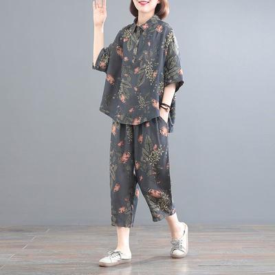 Trajes de moda de verano para damas, estilo urbano, cuello tipo polo, manga corta, botones, estampado floral, cordón ajustable, pantalones hasta la pantorrilla.