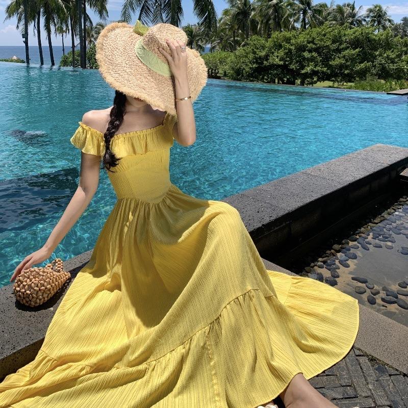 

Yellow Small Flying Sleeves Square Neck Suspender Dress Children s Summer New French Seaside Vacation Waist Dress L жовтий