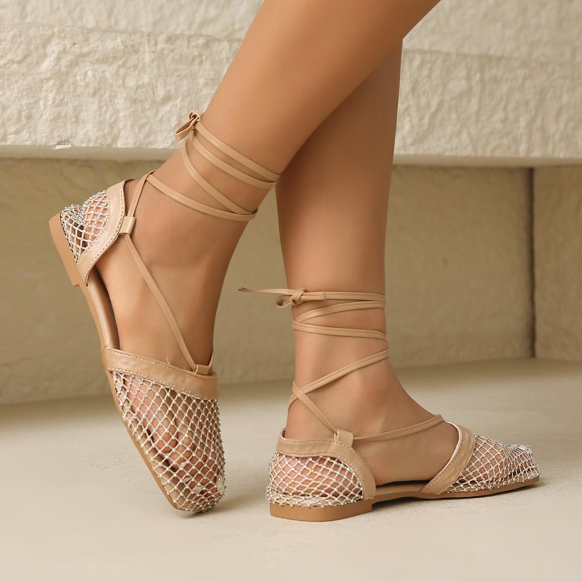 

European and American hollow square head fishing net socks mesh anklet strap sandals women s fashion foreign trade large size color flat sandals 35 чёрный
