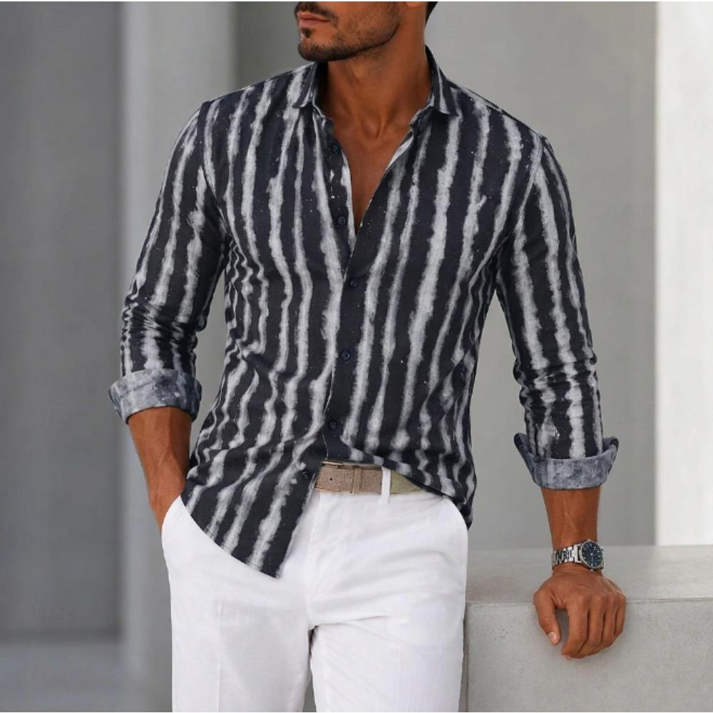 Men's Stripe Printed Long Sleeve Shirts Casual Cardigan New Button Holiday Fashion Shirts
