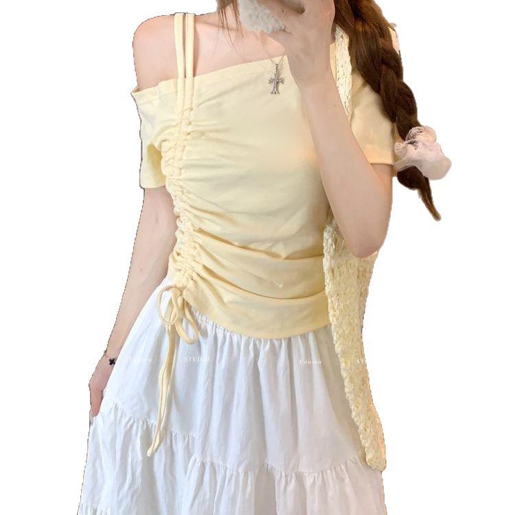 Plus Size Women's Off-the-Shoulder Slimming Drawstring Short-Sleeve Top
