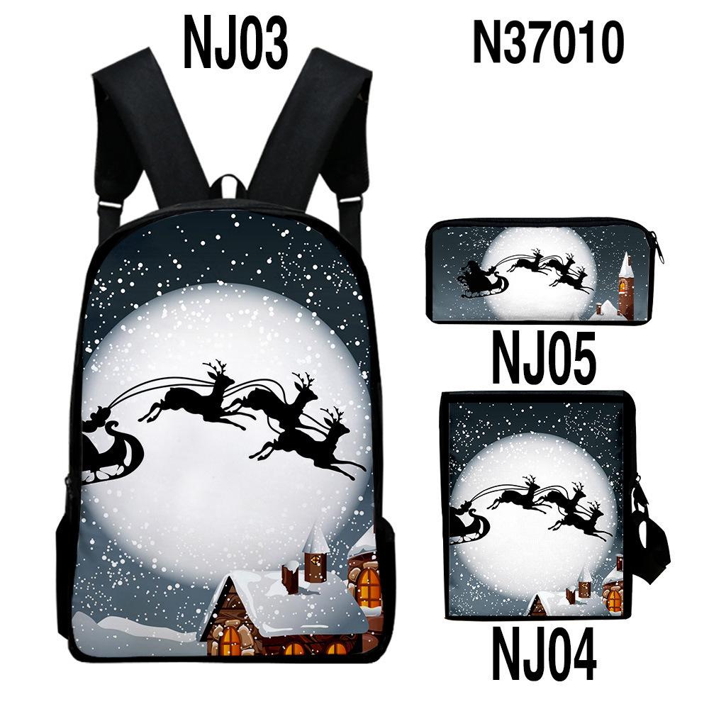 Classique Original Joyeux Noël Impression 3D 3 pièces/Ensemble élève Sacs d'école Sac à dos pour ordinateur portable Sac à dos Sac à bandoulière incliné Trousse