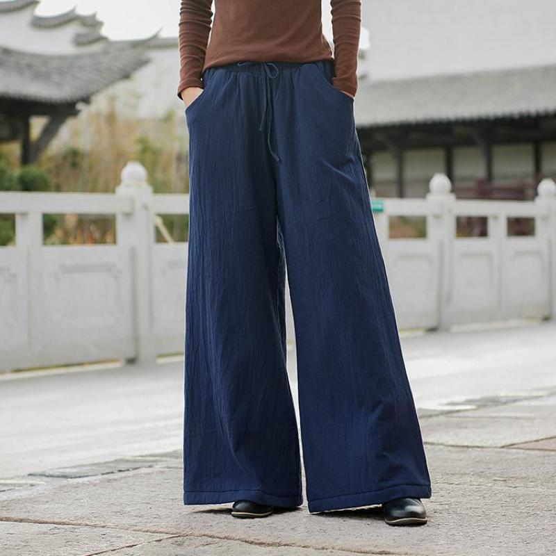 Johnature Fashion All-match Casual Retro Elastic Waist Wide Leg Pants Autumn Winter Simple Comfortable Women Warm Pants