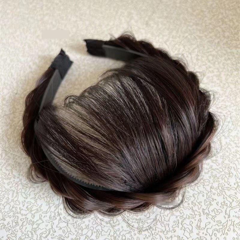 Women's Real Hair Wig with Braided Bangs, Seamless Front Hairline, Hairband To Conceal Top White Hair