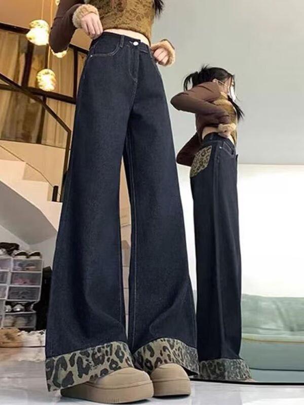 Plus Size Leopard Print Cuffed Jeans for Women - 2025 Spring Collection, Straight Wide-Leg, Trendy Retro Style.