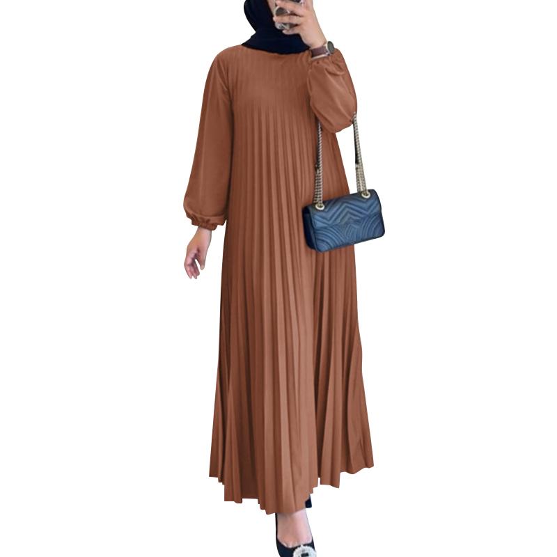 ZANZEA Women Casual O-neck Loose Long Sleeve Pleated Dress