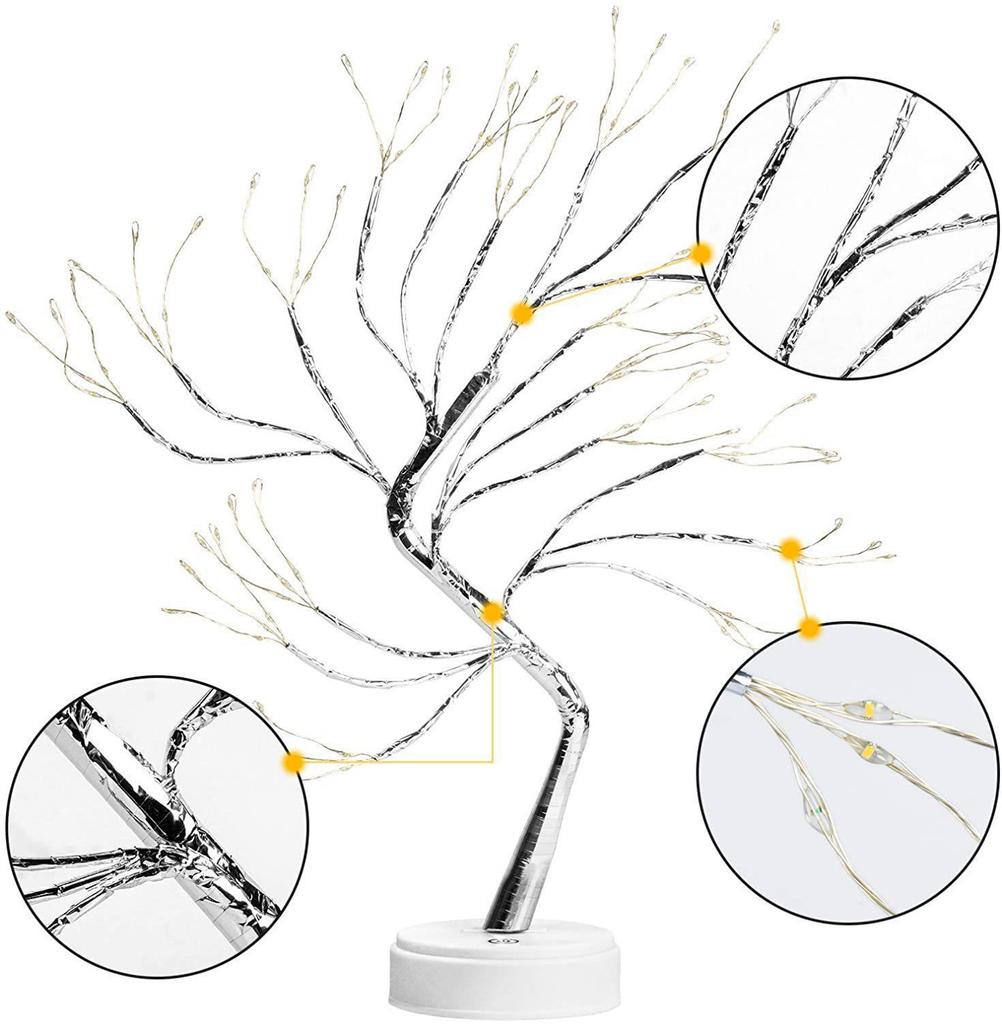 Bonsai LED Table Lamp with Pearl Gold Leaves & Silver Branches - Decorative Night Light & Christmas Tree Decor