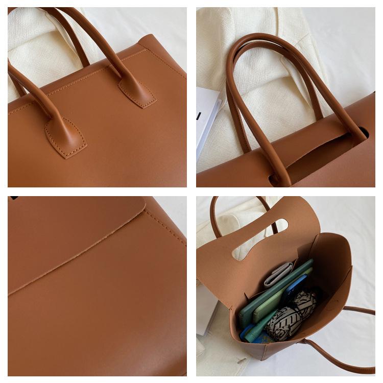 Women Casual Commuting Bag Large Capacity PU Leather Vintage Shoulder Bag Solid Color Fashion Tote Handbag Retro Messenger Bag