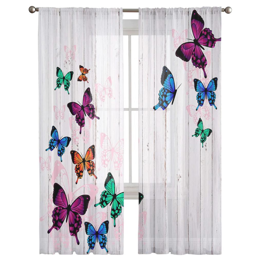 Wood Grain Retro Colorful Butterfly Chiffon Curtains Living Room Bedroom Home Decoration Window Voiles Tulle Curtain Light Filtering Polyester
