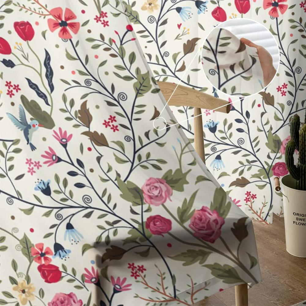 Colorful Flowers Leaves Branches Plants Window Drapes Living Room Sheer Curtain Bedroom Kitchen Home Decor