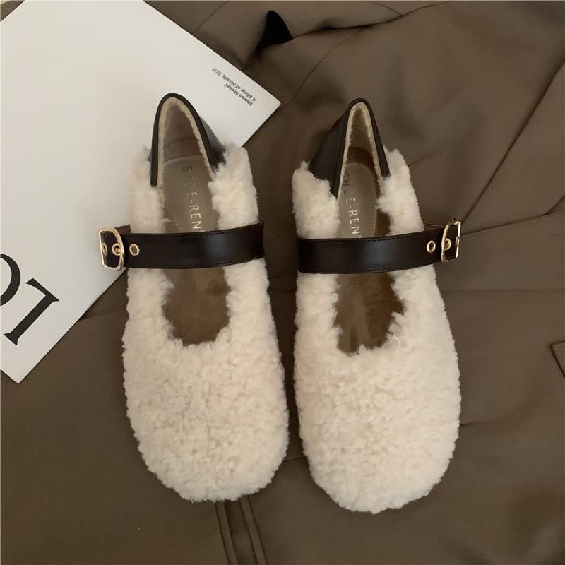 Fashion Lambswool Moccasins Femme Metal Buckle Belt Plush Flats Warm Cotton Loafers Curly Sheep Fur Mary Janes Winter Shoes Women 2025