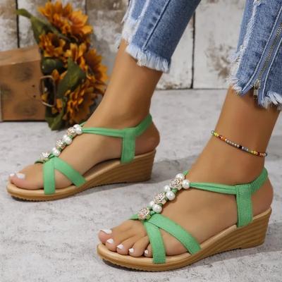 Fashion 2025 Shoes Female Elastic Band Women's Sandals Outdoor Casual Sandals Women String Bead Round Toe Wedges Plus Size Shoes Women