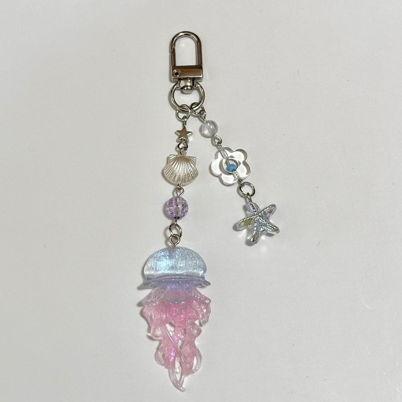Jellyfish Tassel Mobile Key Chain Jellyfish Beaded Phone Charm Keycord Korean Sea Shell Fish Beads Chain BackPack Keyring