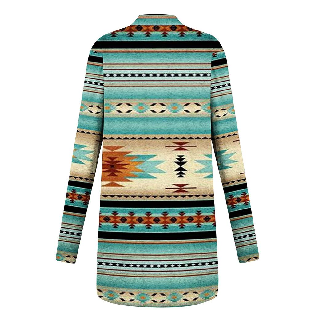 Damenmode, lässiger Nationalitätsdruck, mittellanger Cardigan-Jackenmantel