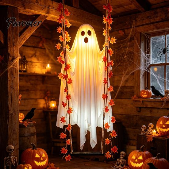 Autumn Garden Landscaping Props Halloween Hanging Swing Ghost Decoration with Maple Leaf, LED Lighted Large Spooky Funny White Ornament Swinging