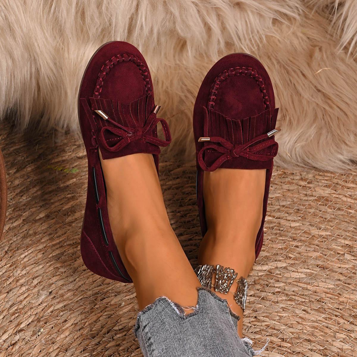 

Large size round head shallow mouth fringed flat bottom fashion single shoes autumn and winter new casual 43 бордовый