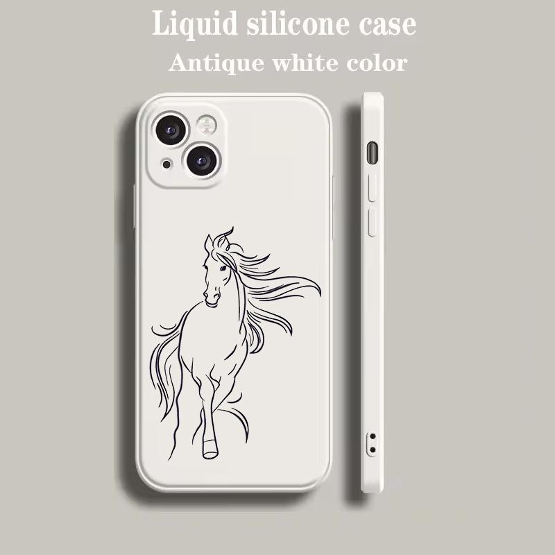 Luxury Color Phone Case For iPhone 15 16 14 13 12 mini 11 Pro Max XS X XR SE 7 8 Plus soft Silicone Beige Cover Animal Art Horse