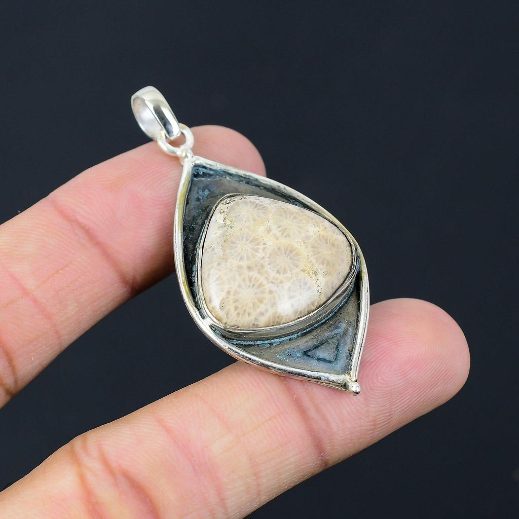 Anniversary Gift For Her Natural Fossil Coral Gemstone Pendant 925 Silver