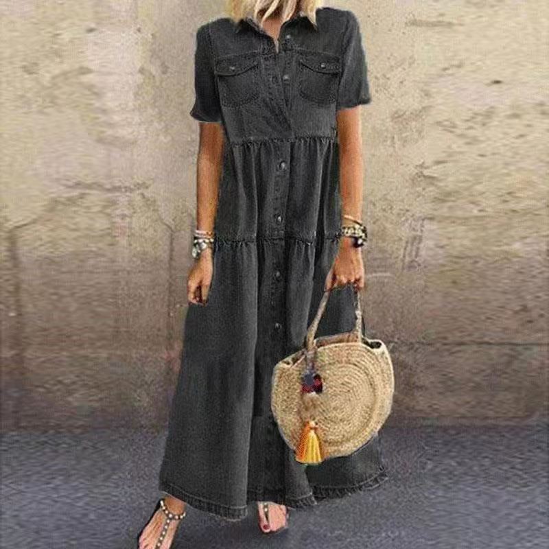 Denim Dress Retro Women Short Sleeve Turn Down Collar Pockets Button Long Loose Denim Dress Pockets Button Long Loose Plus Size