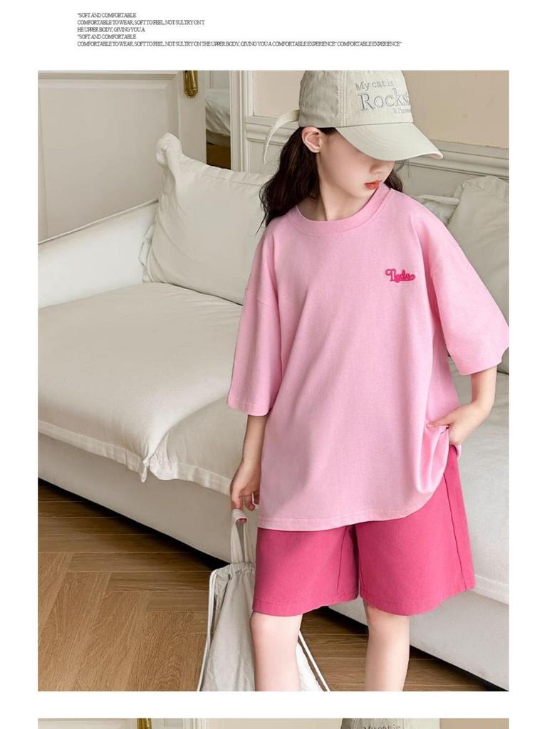Summer 2026 Girls' Cartoon Print Two-Piece Set: Casual Loose T-Shirt and Shorts