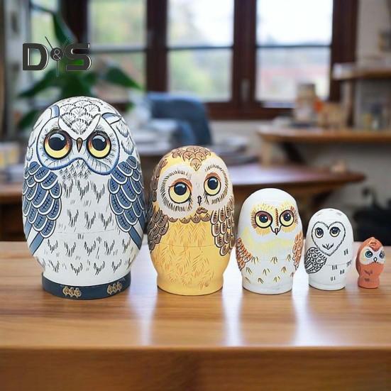 5-Layer Owl Matryoshka Doll Wooden Russian Nesting Dolls Educational Nesting Owls Toy for Kids Gift Home Decor Desk Centerpiece