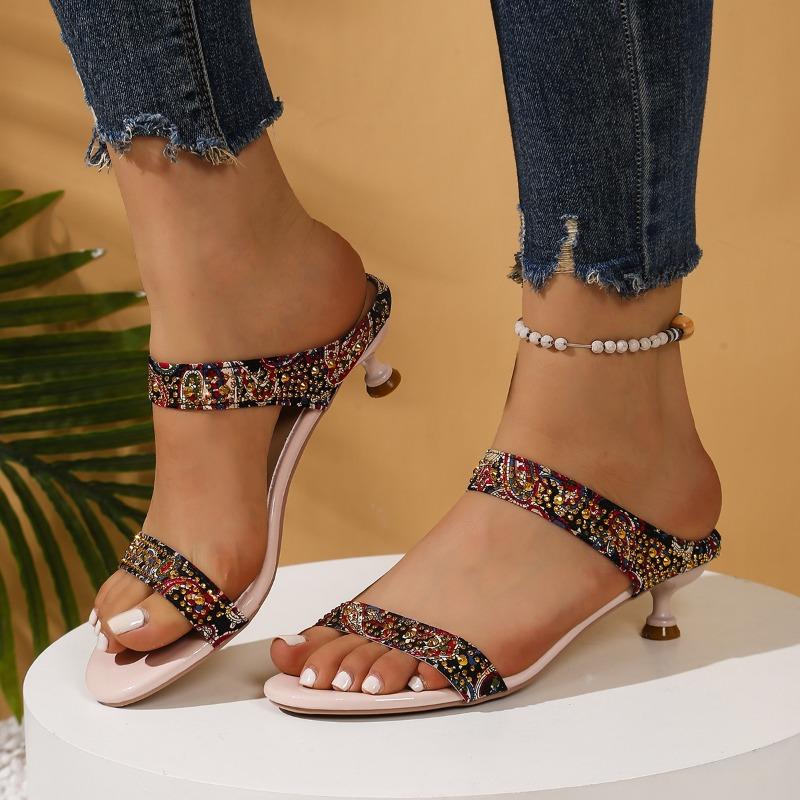 Mode Damen Strass Ein Wort und Anderthalb Schlepp Sommer Neue Mode Vielseitige Offene Zehen Stiletto Hohe Absatz Sandalen