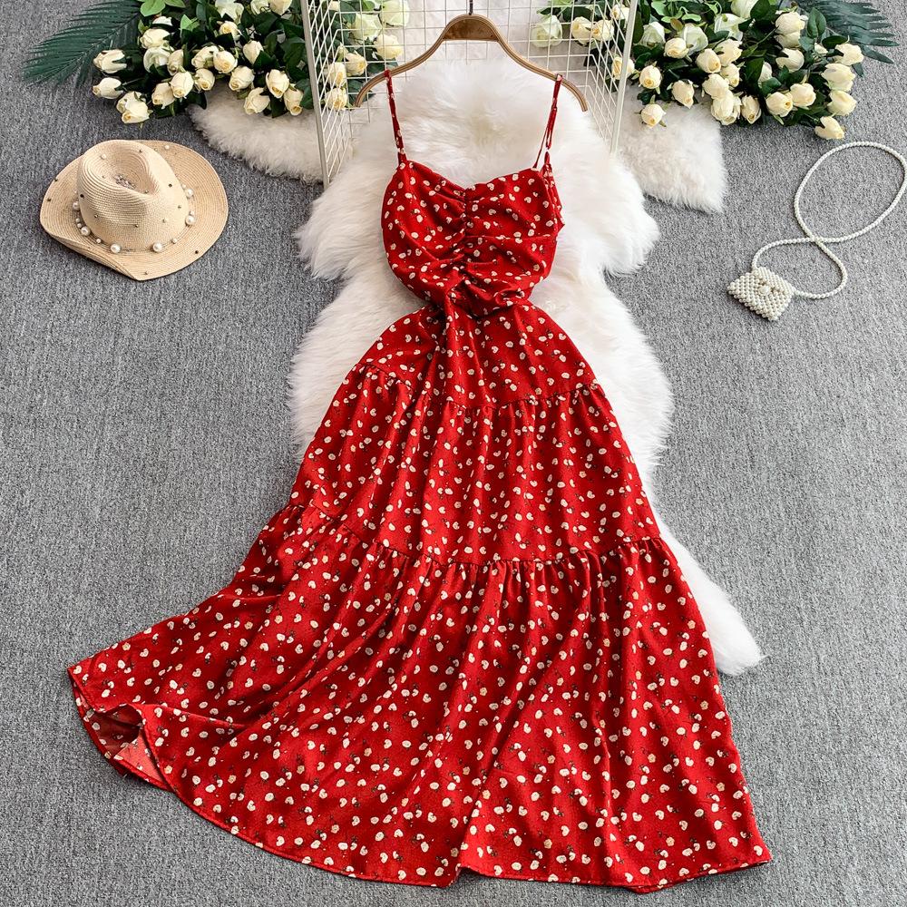 French floral suspender dress women's summer new sexy backless waist thin pleated pendulum dress