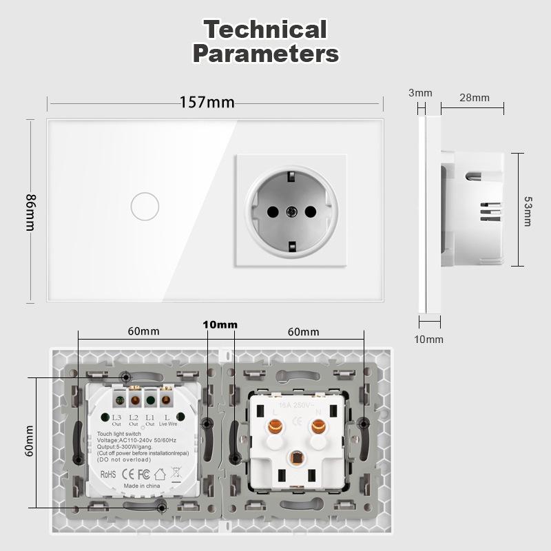 157 European Touch Switch & German Socket with Integrated Glass Panel for Homes