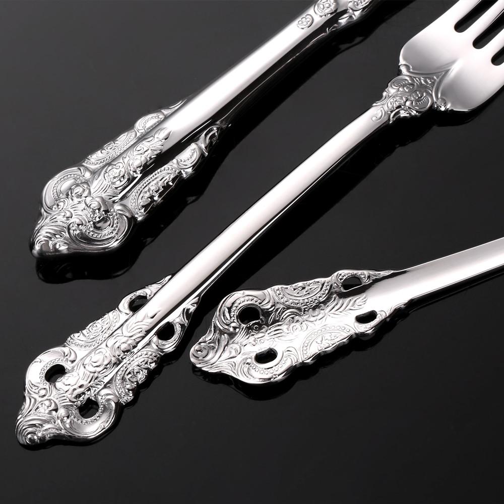 Conjunto de Talheres de Aço Inoxidável Prata, Talheres Vintage, Cabo Oco, Talheres para Casamento, Barroco, 18/10, Dourado Brilhante