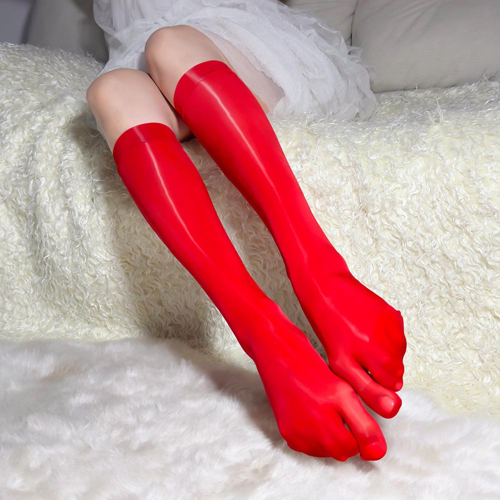 Silky Red Toe Socks with Five Fingers - Shiny Horse Oil Mid-Calf Stockings, 8D Glossy, Thin & Sexy for Summer