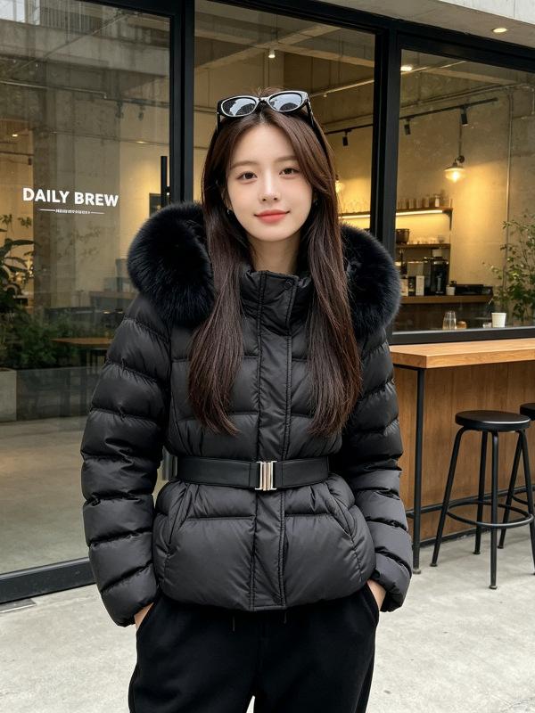 Nouveau temperament d'hiver grand col en fourrure à lacets amovibles à la taille chaud à capuche vêtements en coton manteau pour femme tendance