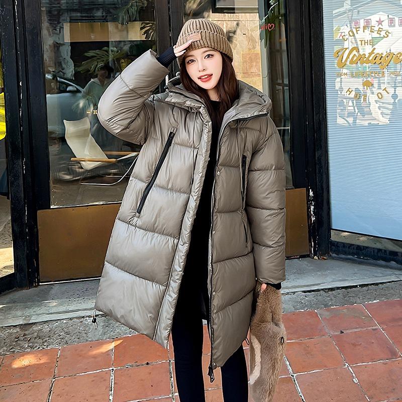 New loose hooded medium and long glossy leave-in cotton-padded clothes women's thickened cotton jacket jacket trendy