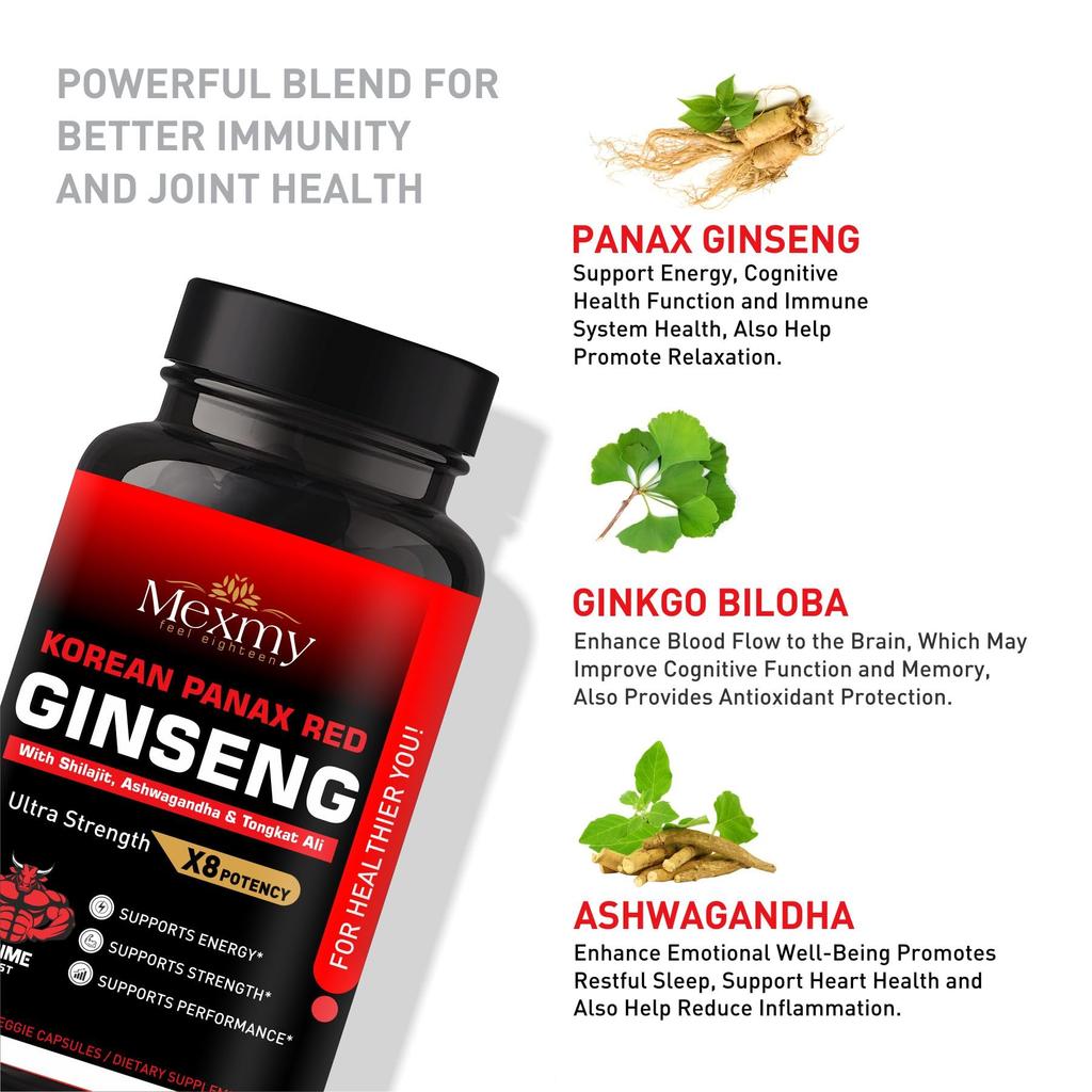 Mexmy Red Panax Ginseng Capsules | With Shilajit, Ashwagandha & Tongkat Ali | Extra Strength Ginsenosides for Energy, Focus, Performance, Vitalit