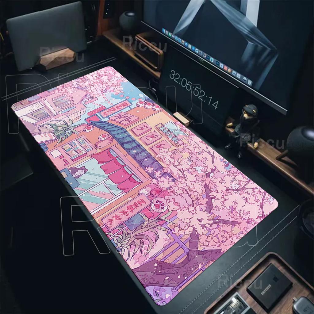 Anime Cat Mouse Pad Pink Cherry Blossom Street Landscape Mousepad Gaming PC Cabinet Mousemat Office Desk Accessories XXL Deskmat