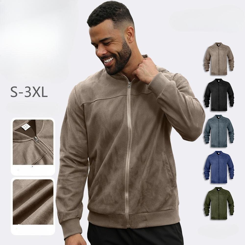 Men's Casual Varsity Jacket Vintage Lightweight Stand Collar Outwear Bomber Jackets With Pockets Cozy Full Zip Up Faux Suede Bomber Jacket for Men