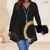 Women Plus Size V Neck Long Sleeve Black Gold Printed Asymmetric Hem Flared Tunic Top