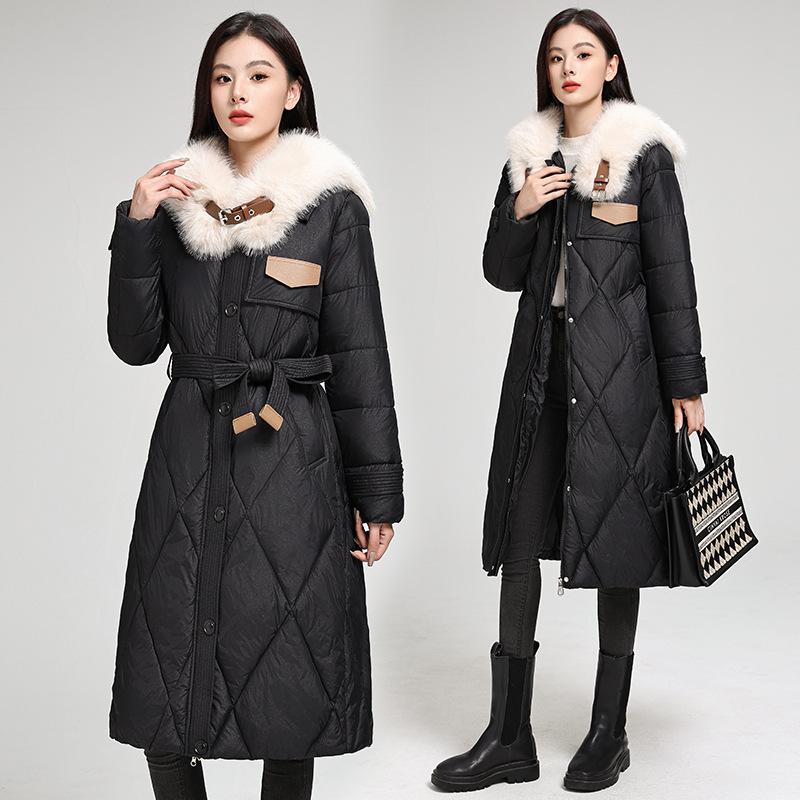 Large Size Autumn and Winter Women's Coat Solid Color Fur Collar Waist Slimming Mid-length Thickened Windproof Women's Jacket