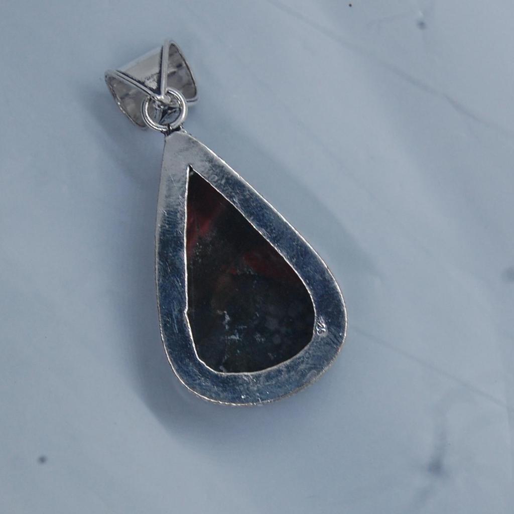 Pear Cab African Bloodstone 925 Sterling Silver Pendant, Designer Boho Pendant