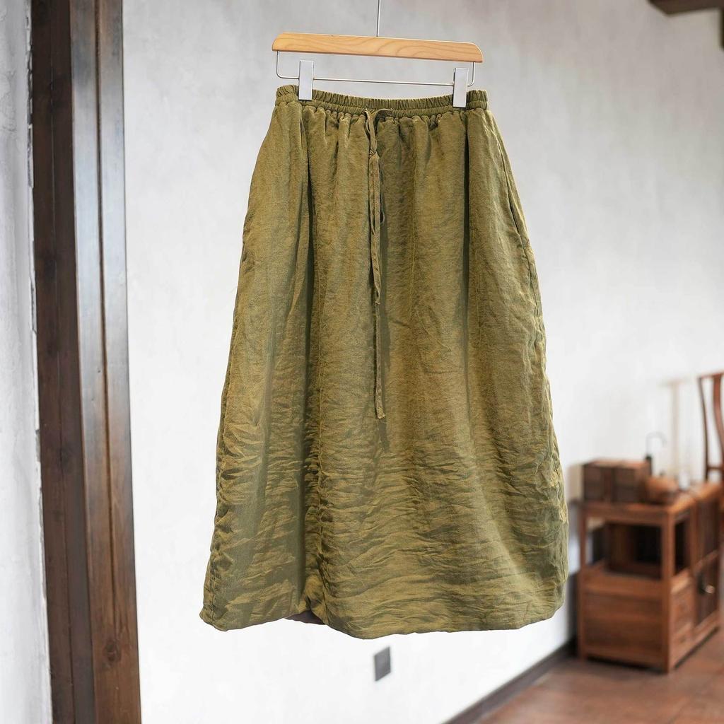 Johnature Women Vintage Spring Skirts Elastic Waist Solid Color Belt Pockets Female A-Line Skirts