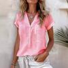 Women's V Neck Half Button Short Sleeve Pocket Loose Fit Solid Color Casual Blouse Summer Daily Basic Shirt