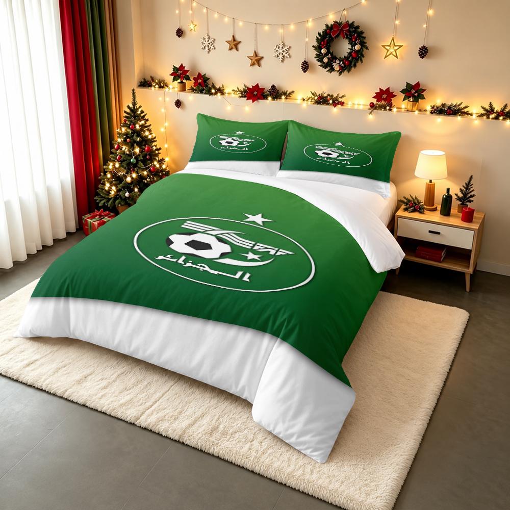 Algeria National Football Team Crest Bedding set (1 duvet cover, 2 pillowcases, duvet not included), Green Star Crescent Emblem Art Print