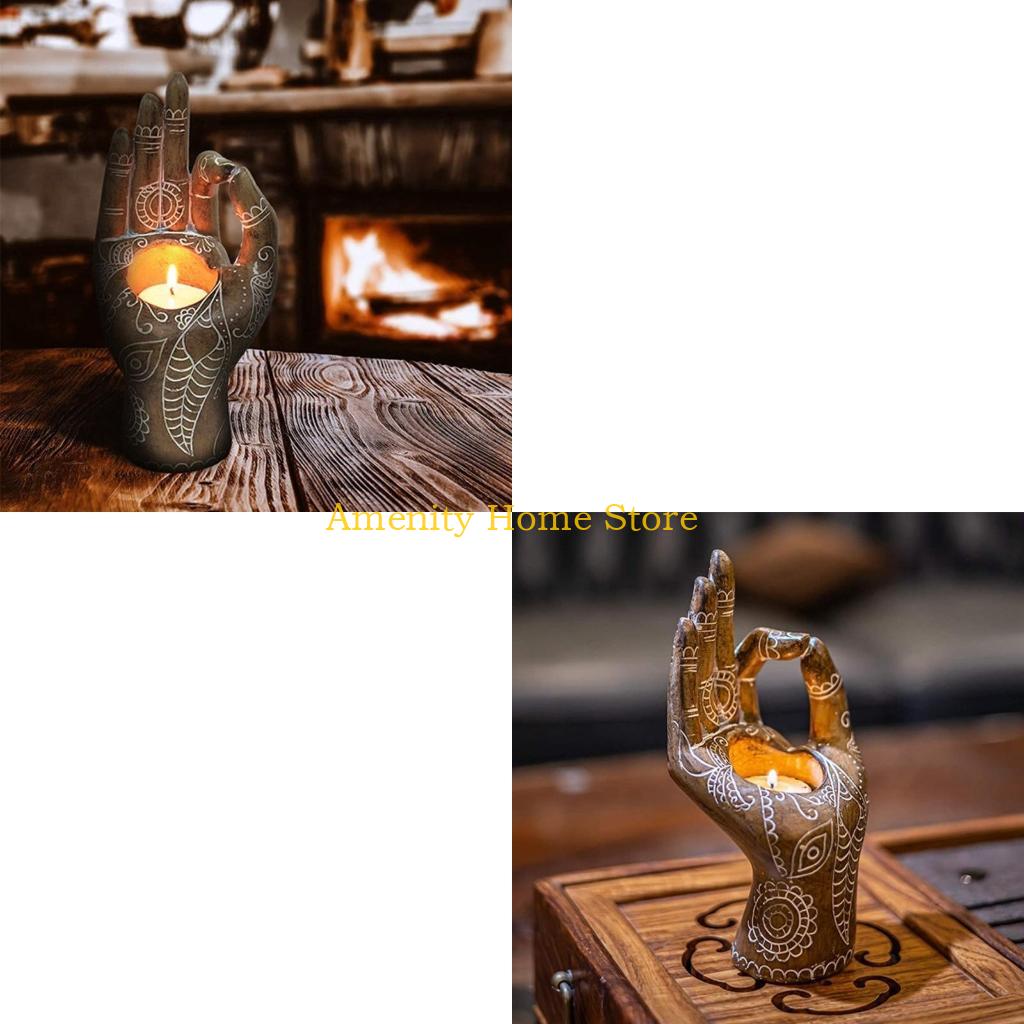 

F26C Yoga Figurines Candle Holder Mudra Hand Tabletop Tealight Decor Resin Statues Collectible Gift for Meditation Relaxing CN