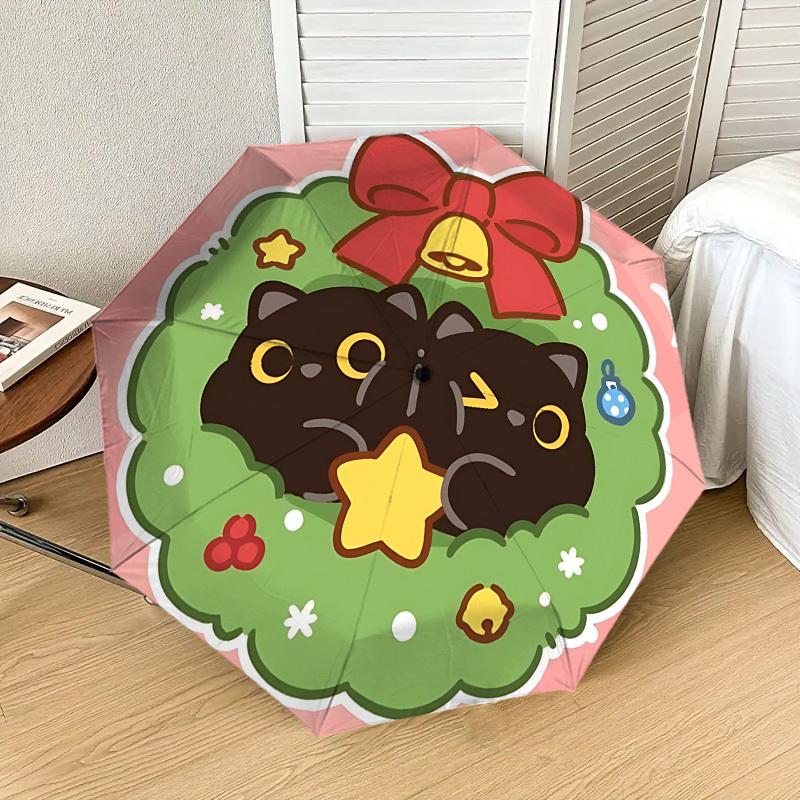 Christmas Cat Wreath Umbrella: A Festive, Auto-Opening Protection for Outdoor Adventures and Travel Gifts 050